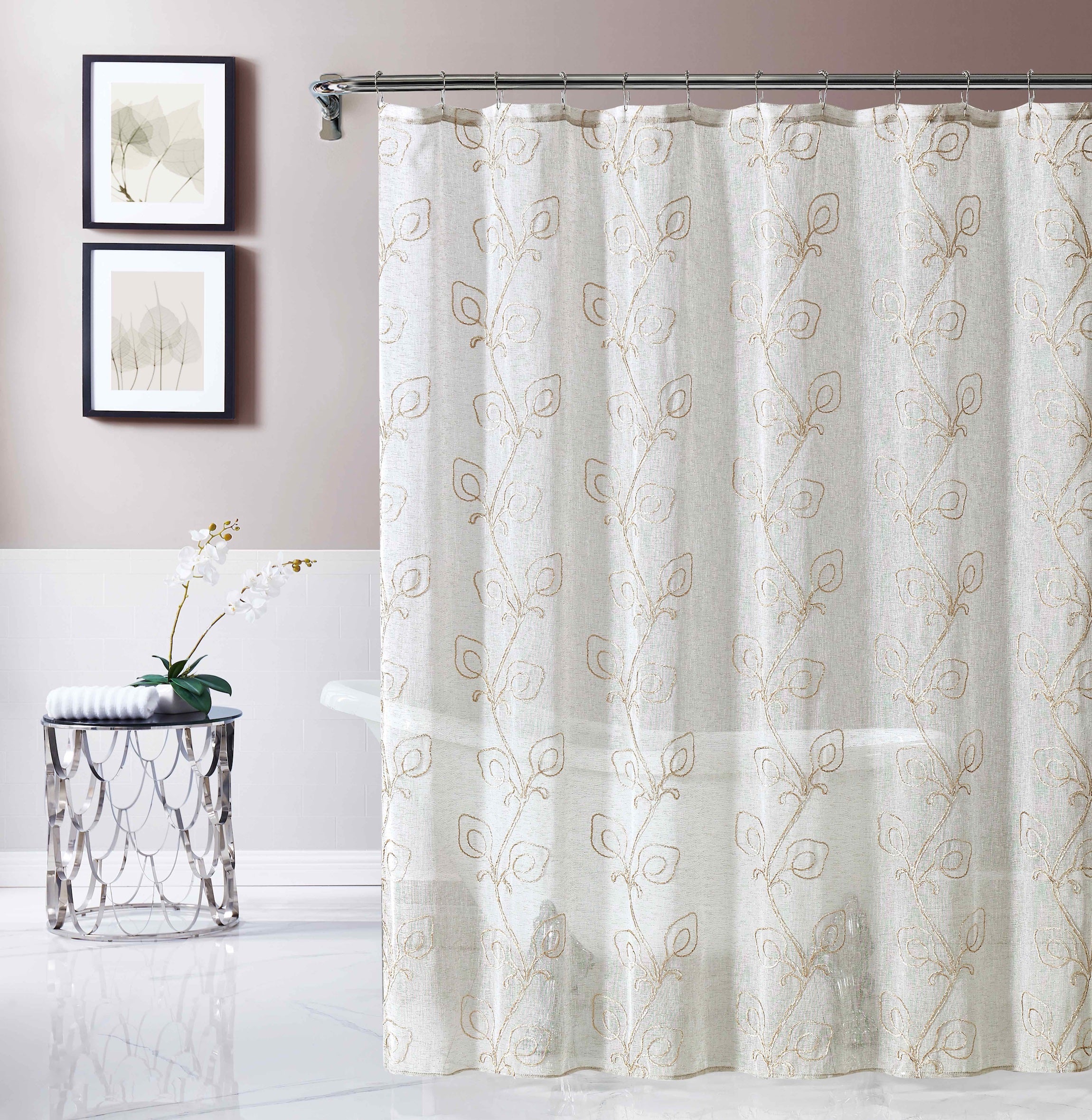 Dainty Home Stella 3D Linen Look Textured Floral 3D Chenille Designed Fabric Shower Curtain