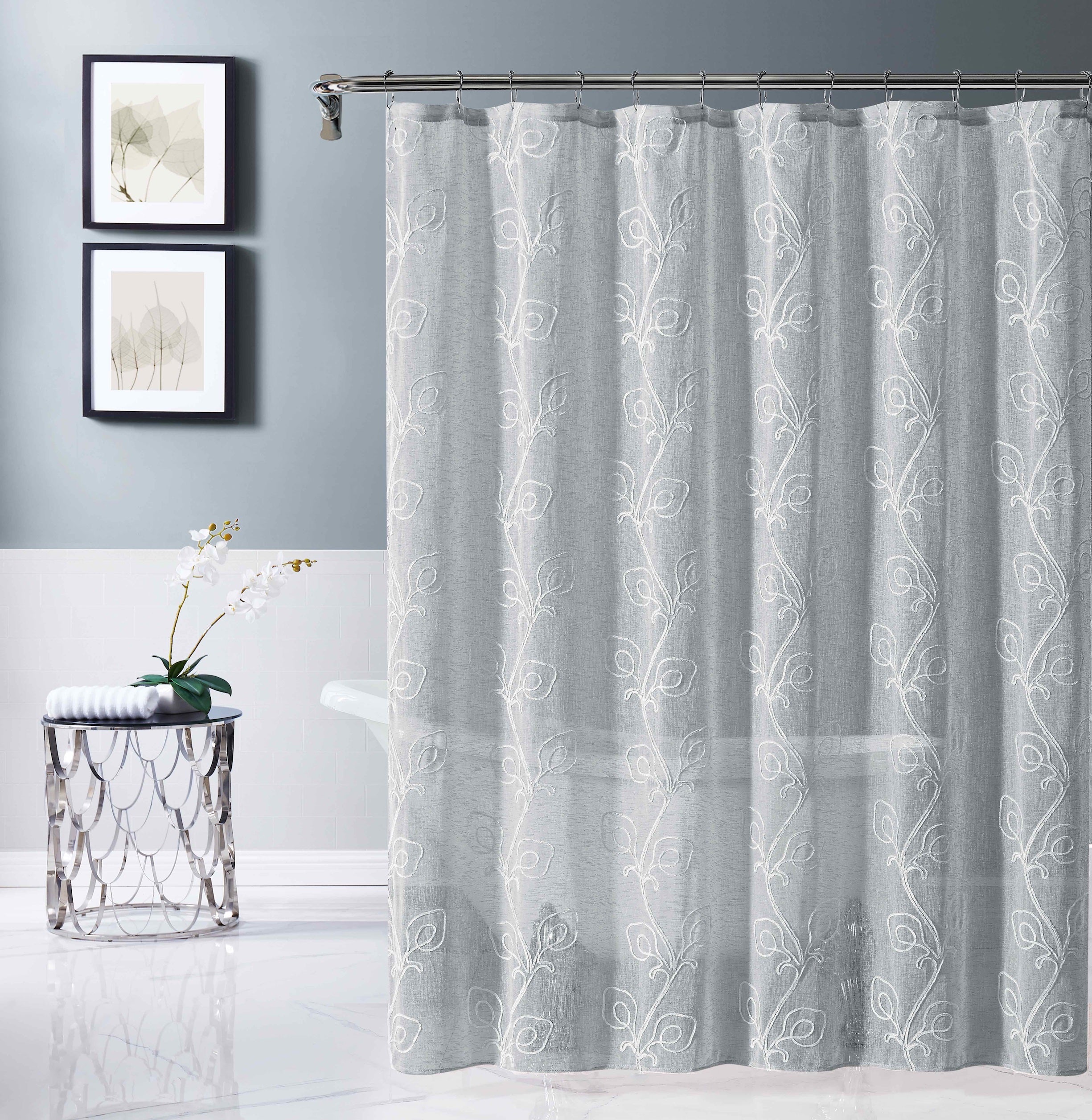 Dainty Home Stella 3D Linen Look Textured Floral 3D Chenille Designed Fabric Shower Curtain
