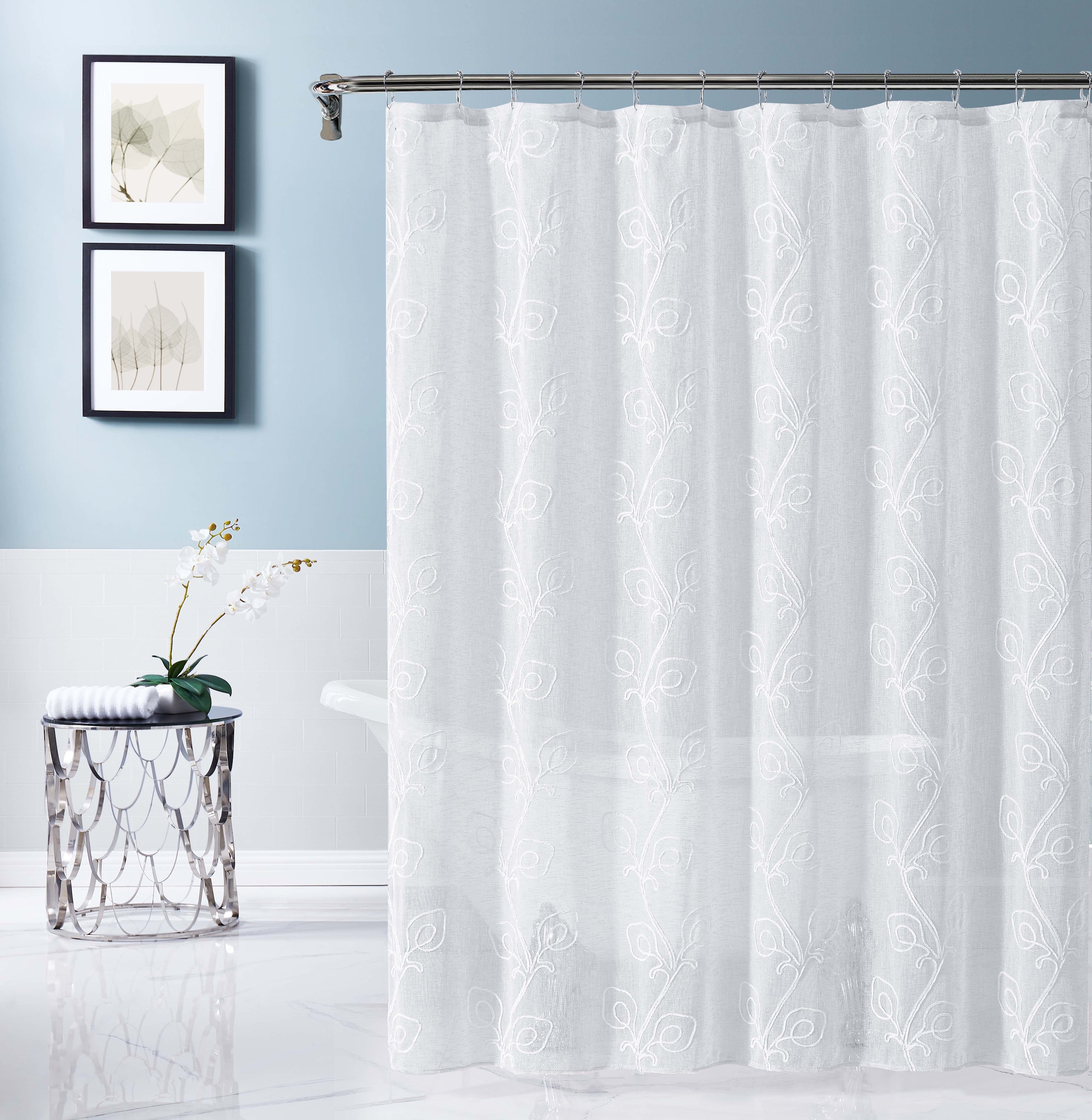Dainty Home Stella 3D Linen Look Textured Floral 3D Chenille Designed Fabric Shower Curtain