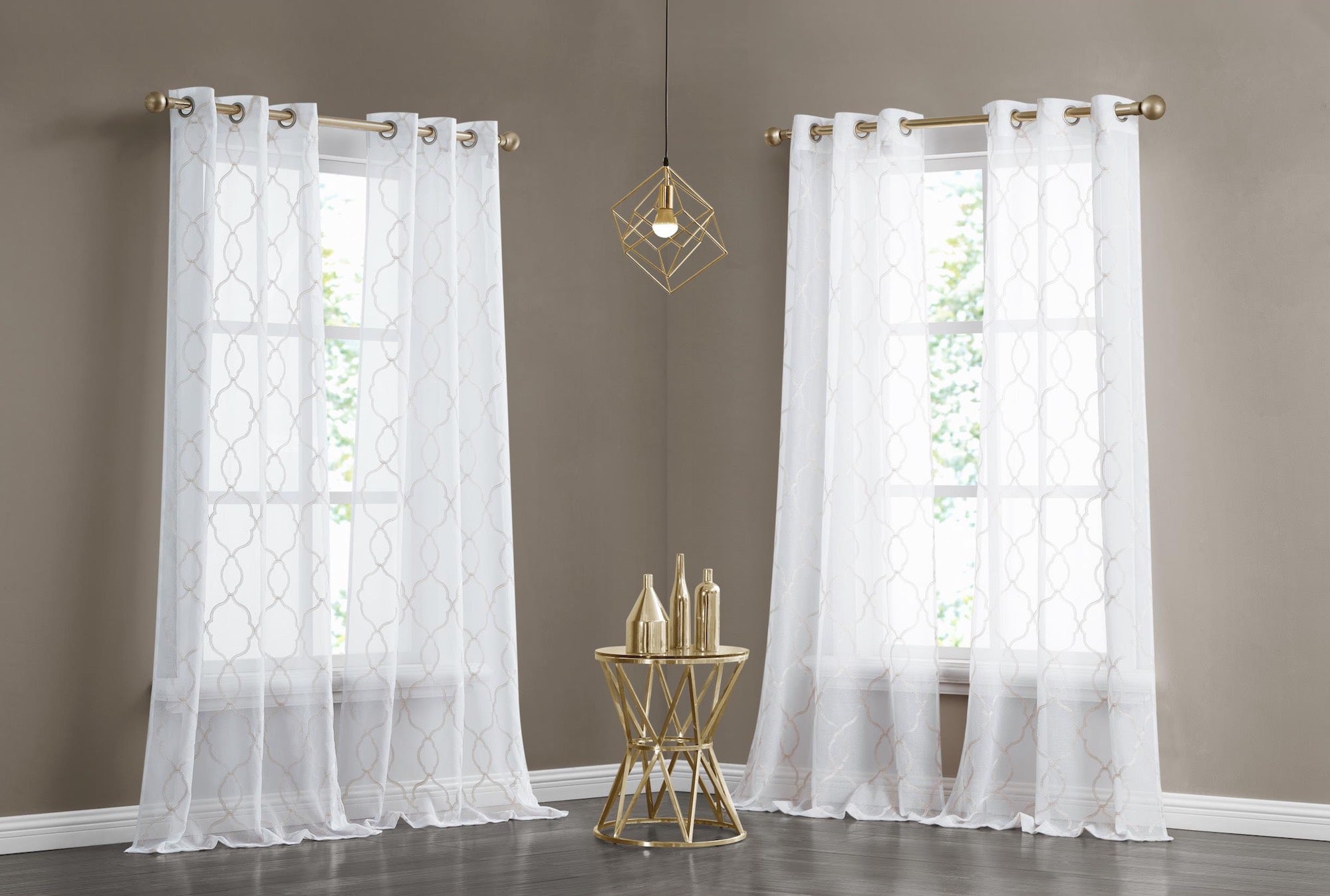 Dainty Home Summerville Boho Linen Look Fabric 3D Embroidered Lurex Geometric Design Set of 4 Window Panels