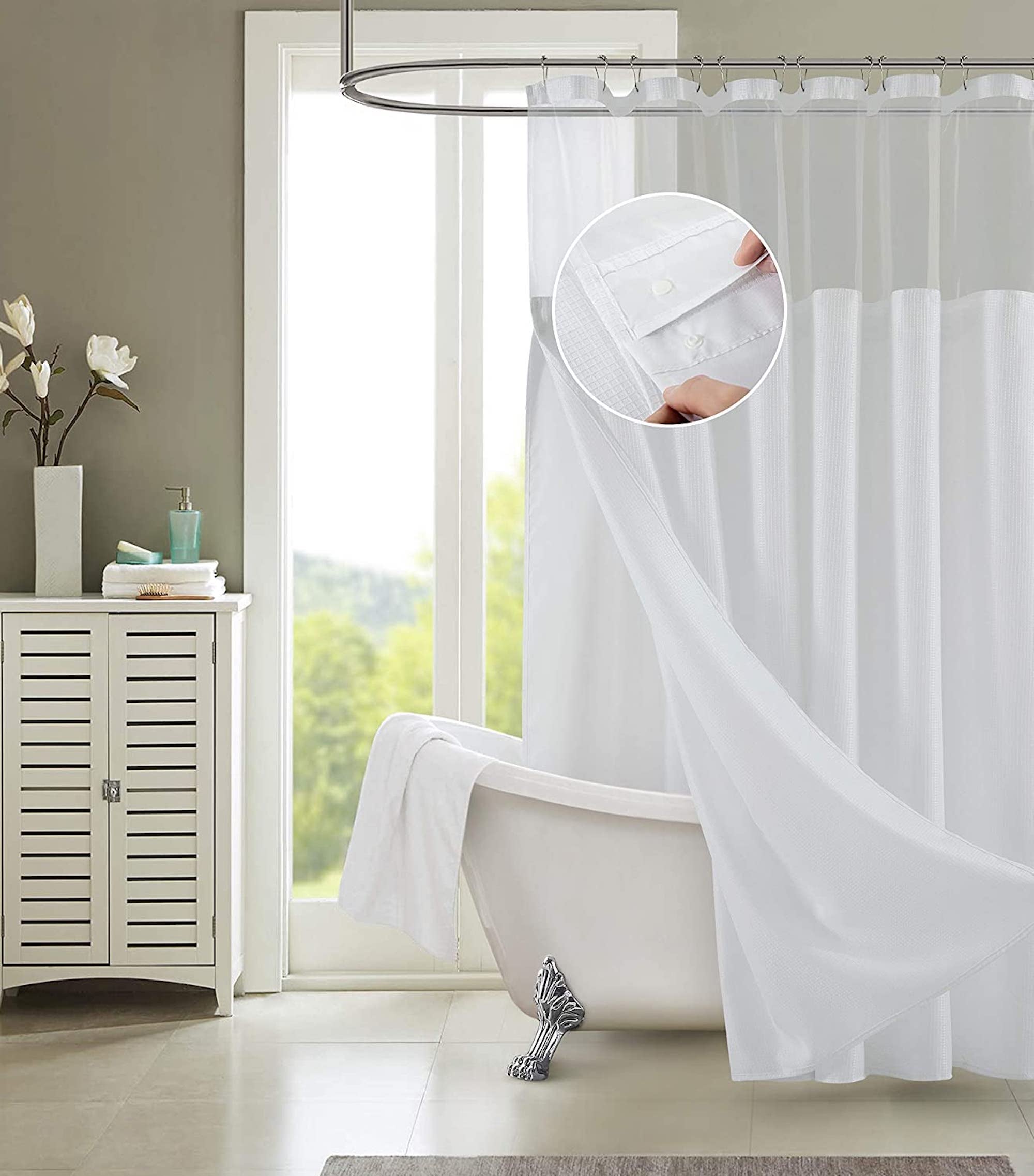 Dainty Home Complete 2 in 1 Waffle Weave Hotel Spa Style Fabric Shower Curtain Snap On/Off Waterproof Detachable Liner Set