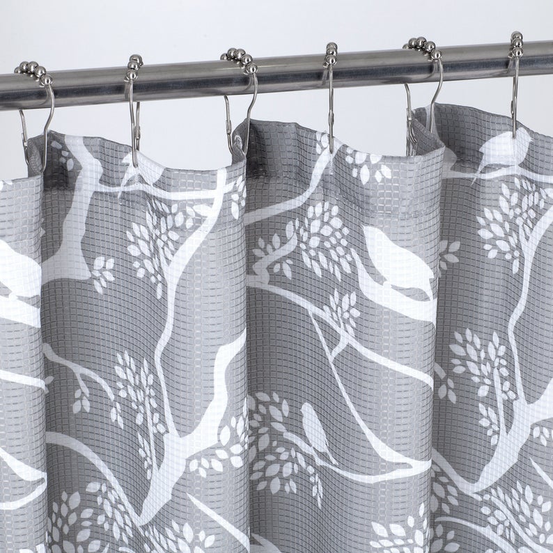 Dainty Home 13 Piece Birds Breeze Printed Waffle Weave Textured Shower Curtain And 12 Metal Rollerball Hooks