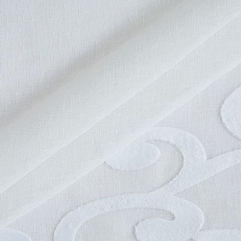 Dainty Home Natalie 3D Solid Linen Look Textured Scroll Velvet Appliqué Designed Fabric Shower Curtain