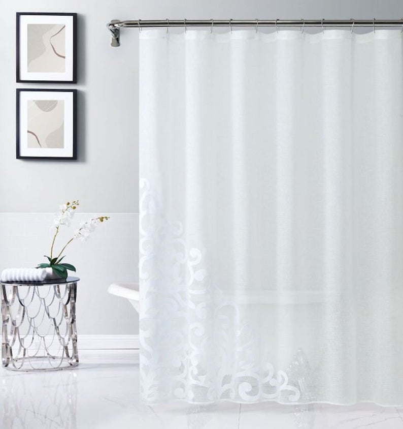 Dainty Home Natalie 3D Solid Linen Look Textured Scroll Velvet Appliqué Designed Fabric Shower Curtain