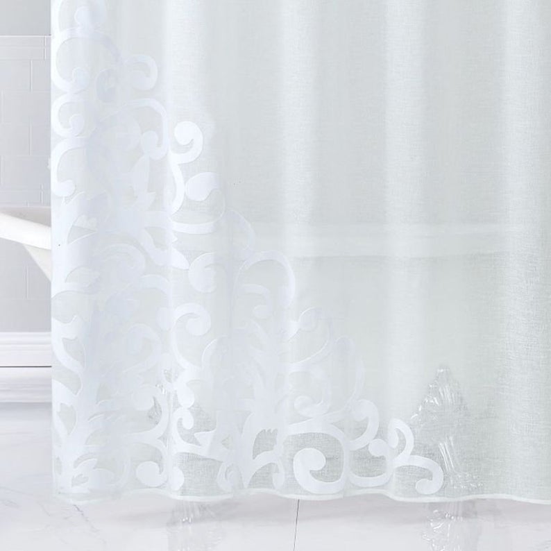 Dainty Home Natalie 3D Solid Linen Look Textured Scroll Velvet Appliqué Designed Fabric Shower Curtain